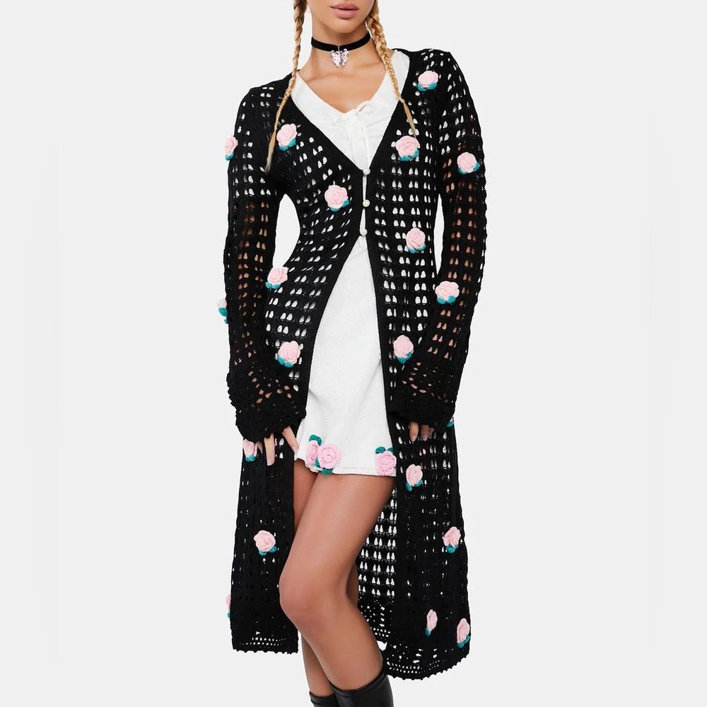 dELiA*s Black Crochet Cardigan with Pink Floral Details